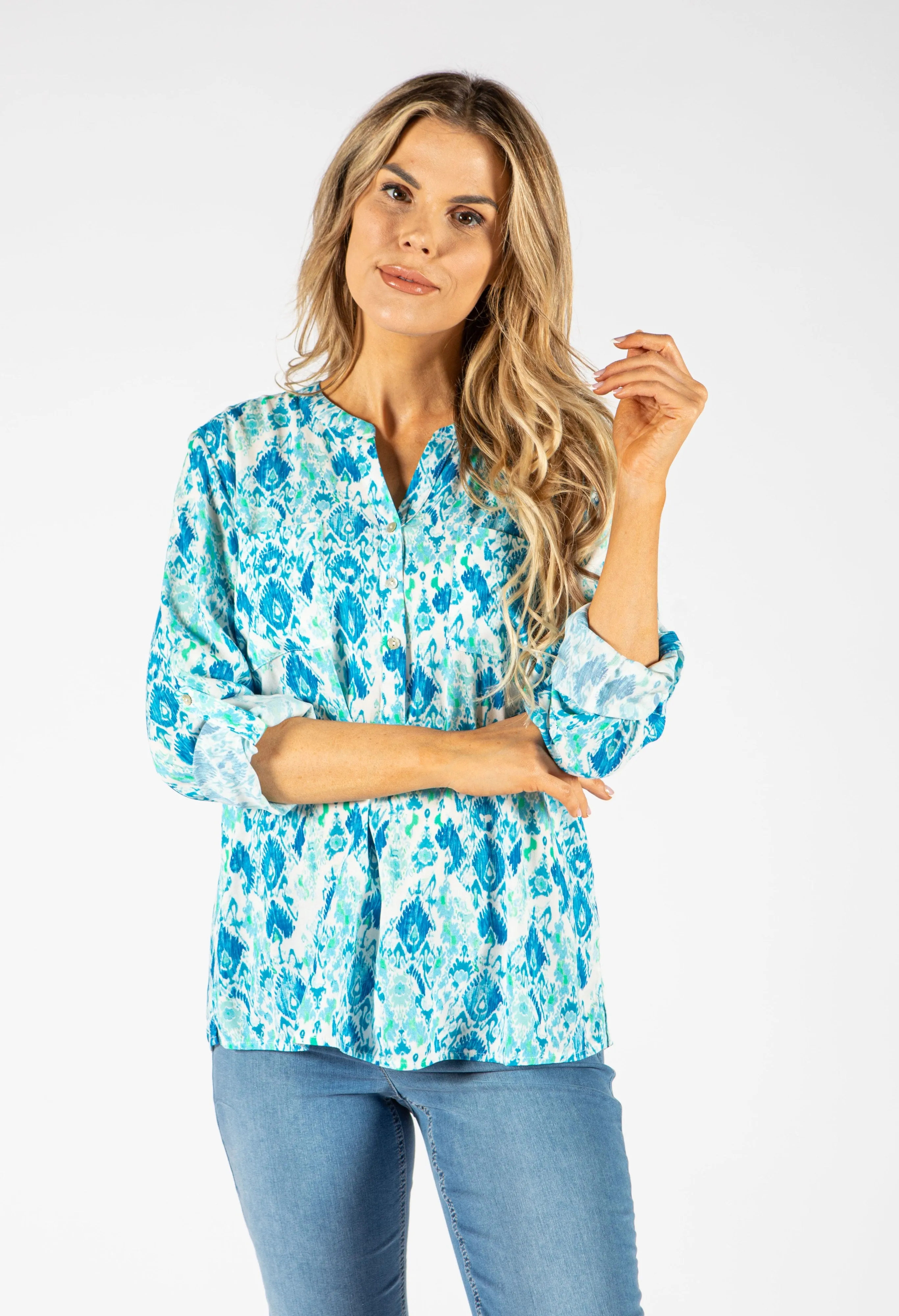 Abstract Print Double Pocket Blouse