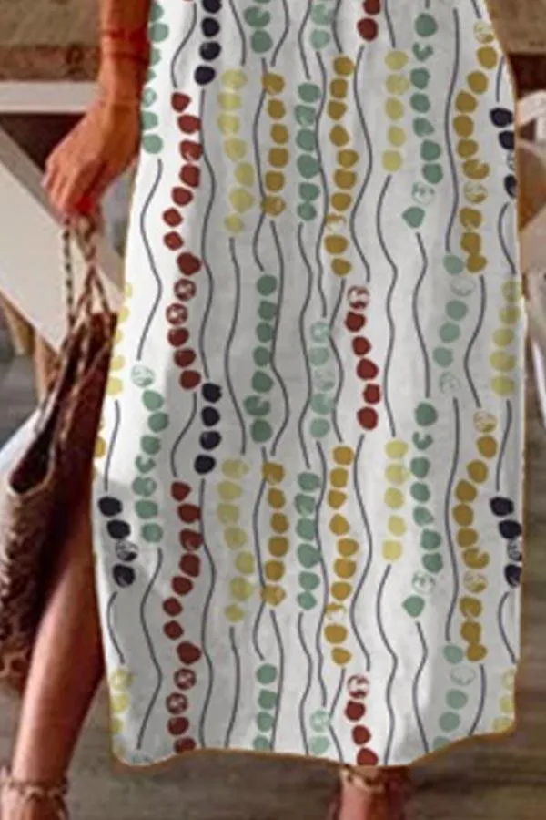 Dunnmall Graphic Print Crew Neck Casual Slit Midi Dress