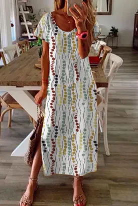 Dunnmall Graphic Print Crew Neck Casual Slit Midi Dress