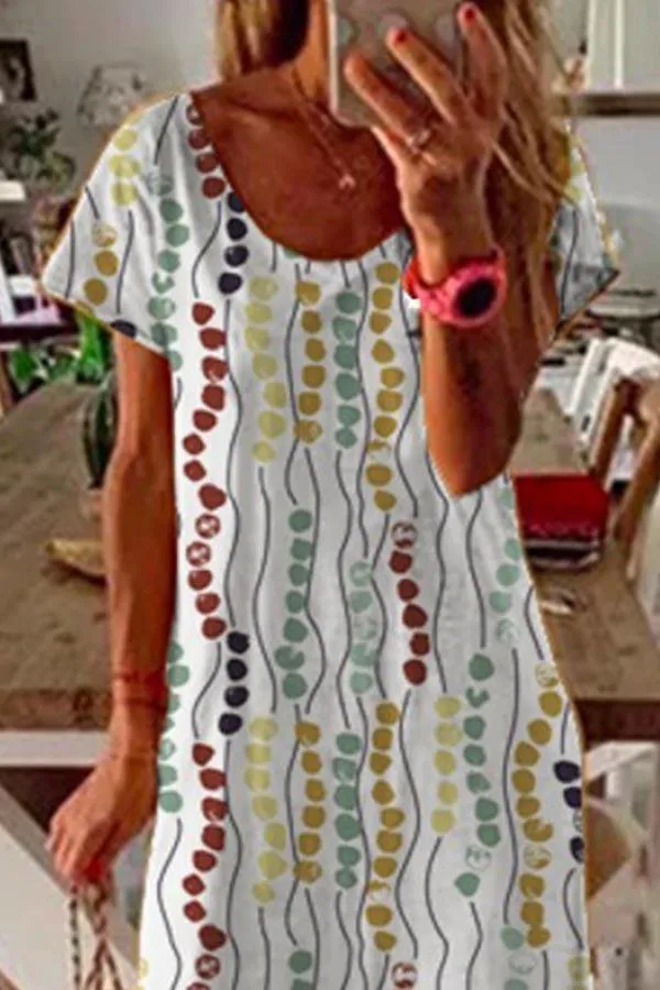 Dunnmall Graphic Print Crew Neck Casual Slit Midi Dress