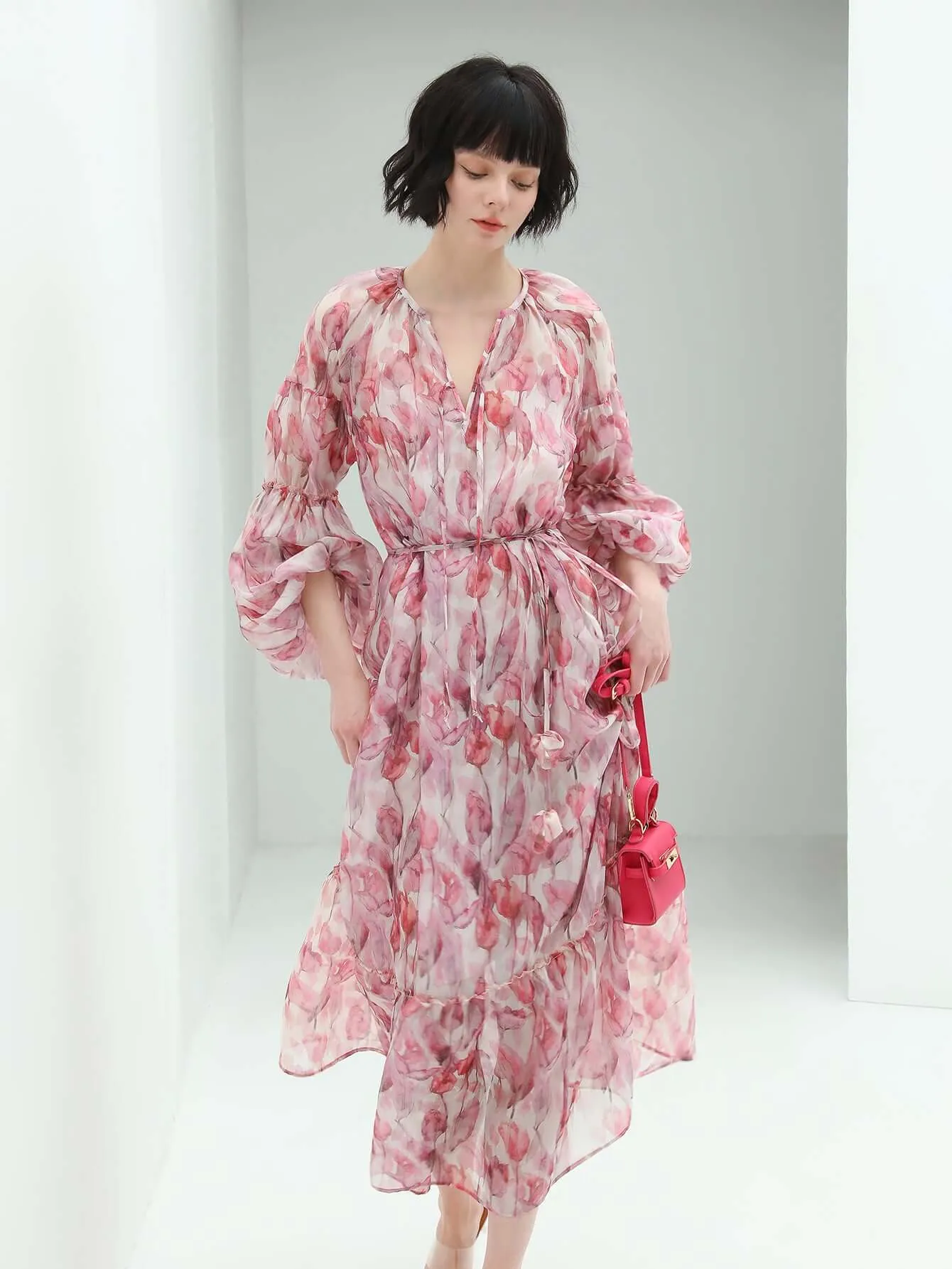 Floral Blush Pink Two Piece Chiffon Dress