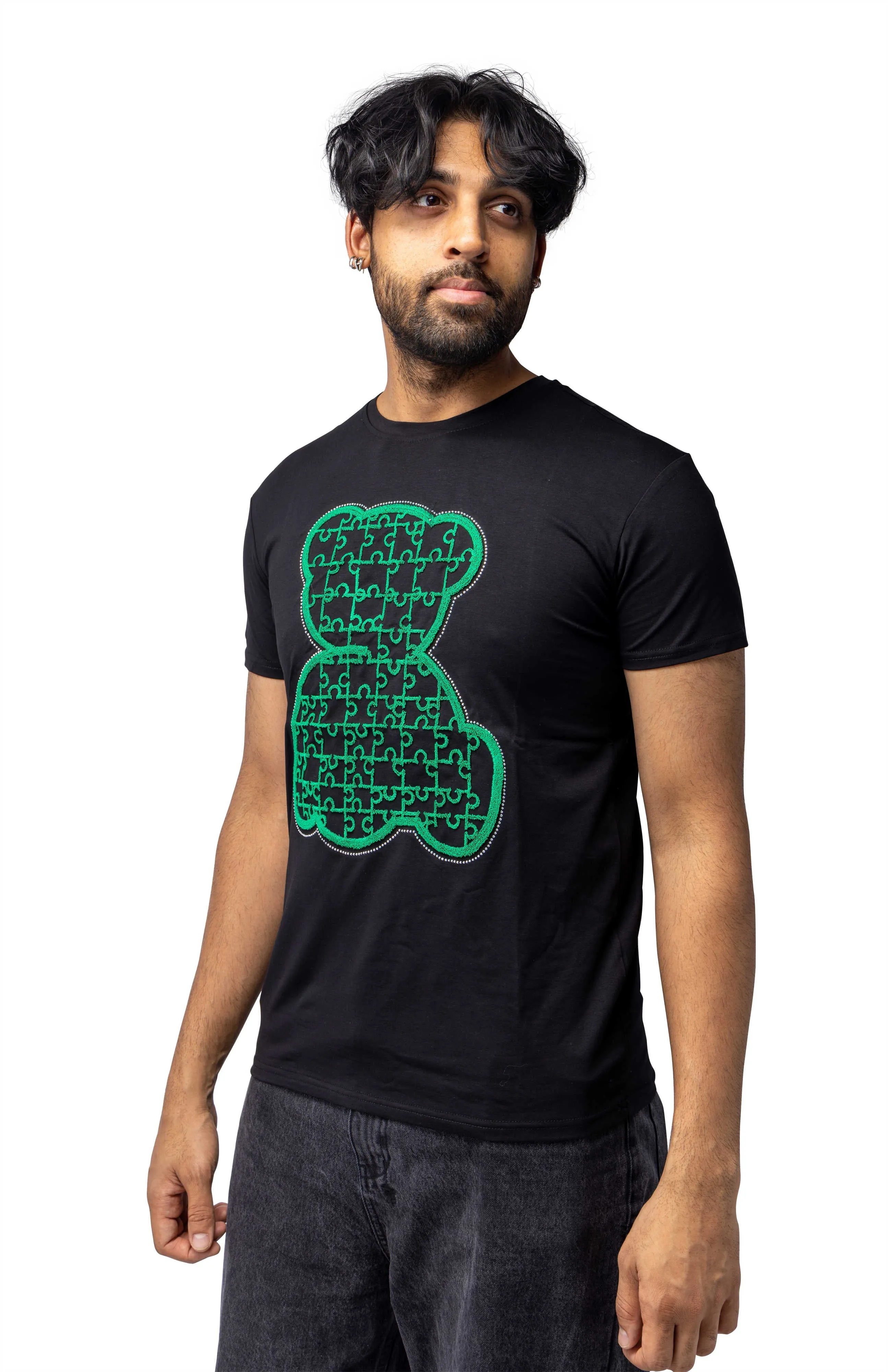 Heads or Tails Men's Slim Fit Crewneck Rhinestone Studded Graphic Printed T-Shirt Stone Tee Green Pattern Outline Bear