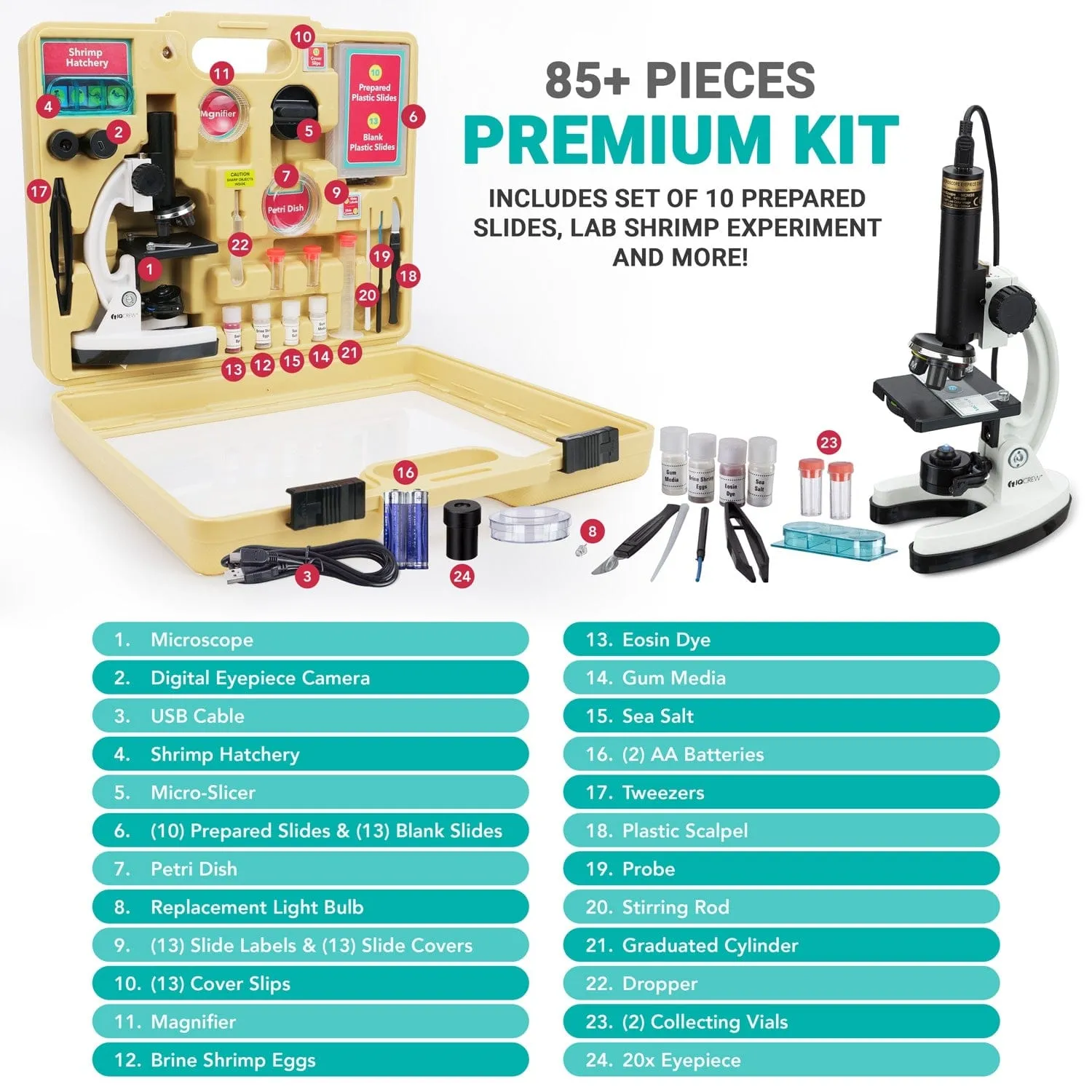 IQCREW by Amscope Kid's Premium 85  piece Microscope, Color Camera and Interactive Kid's Software Kit with Professional 25-Piece Prepared Slide Set
