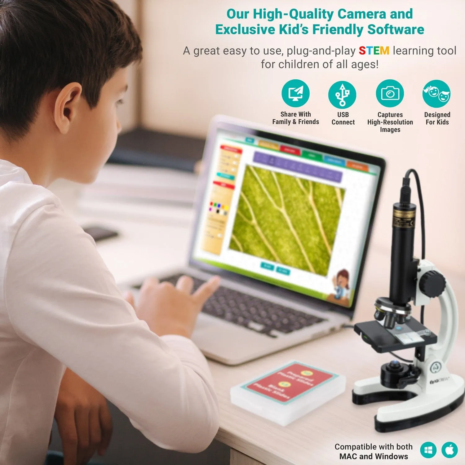 IQCREW by Amscope Kid's Premium 85  piece Microscope, Color Camera and Interactive Kid's Software Kit with Professional 25-Piece Prepared Slide Set