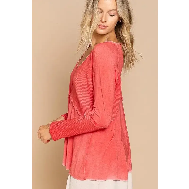 Light Wash Rib Textured Long Sleeve Top