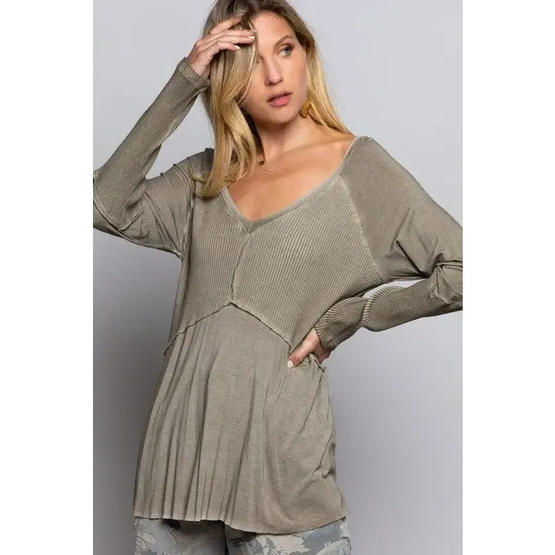 Light Wash Rib Textured Long Sleeve Top