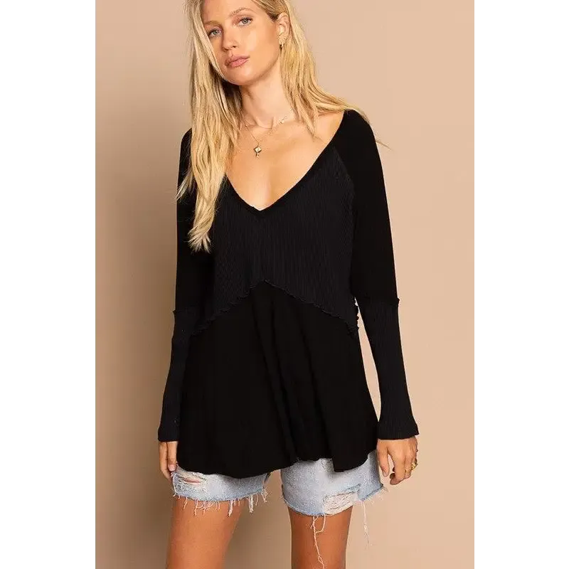 Light Wash Rib Textured Long Sleeve Top