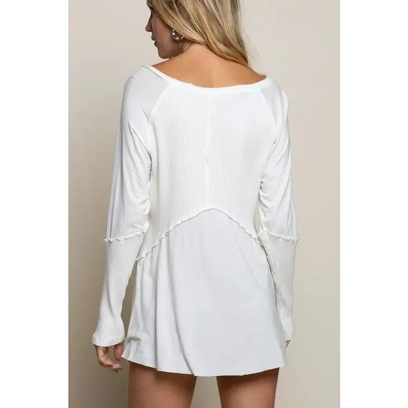 Light Wash Rib Textured Long Sleeve Top