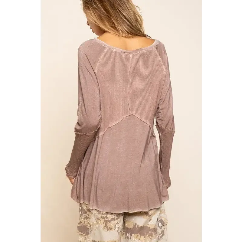 Light Wash Rib Textured Long Sleeve Top