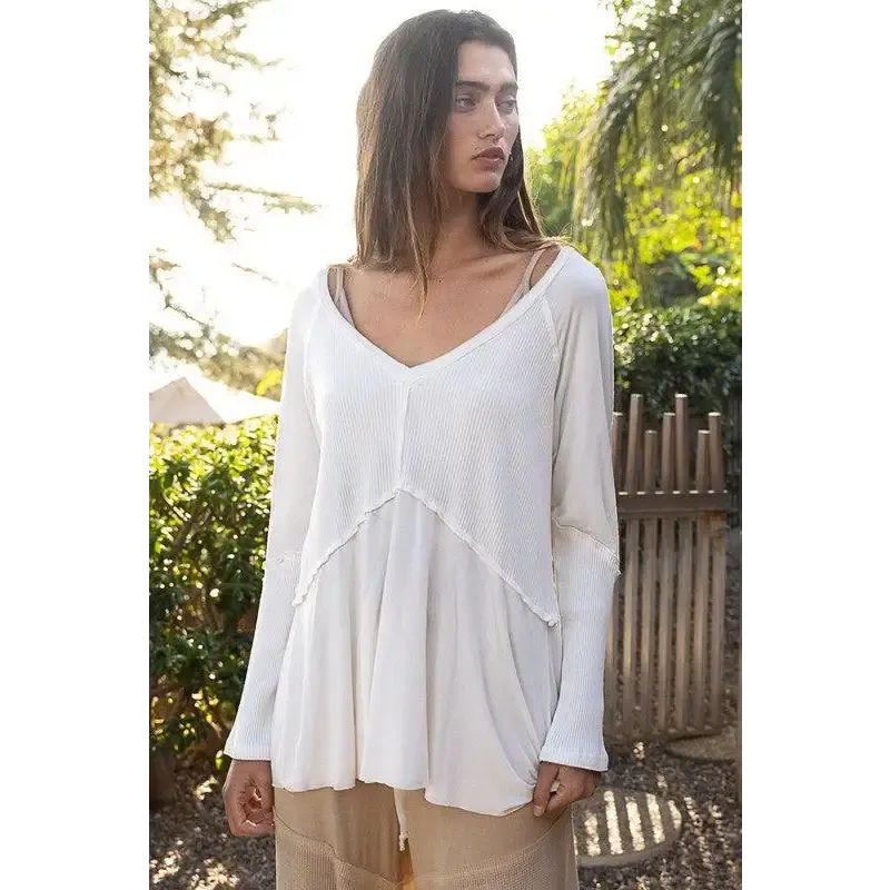 Light Wash Rib Textured Long Sleeve Top