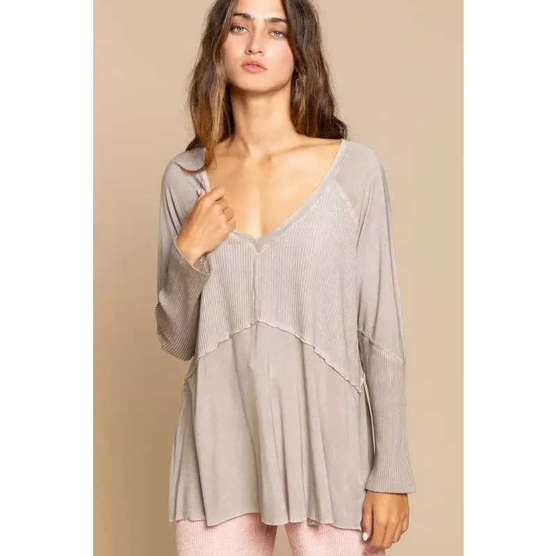 Light Wash Rib Textured Long Sleeve Top