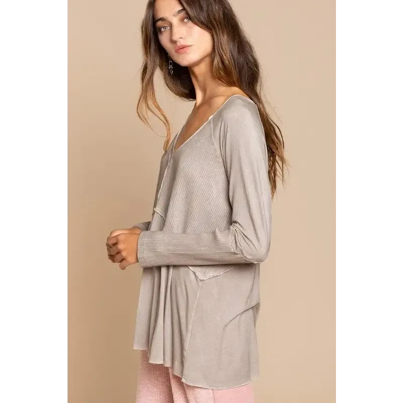 Light Wash Rib Textured Long Sleeve Top