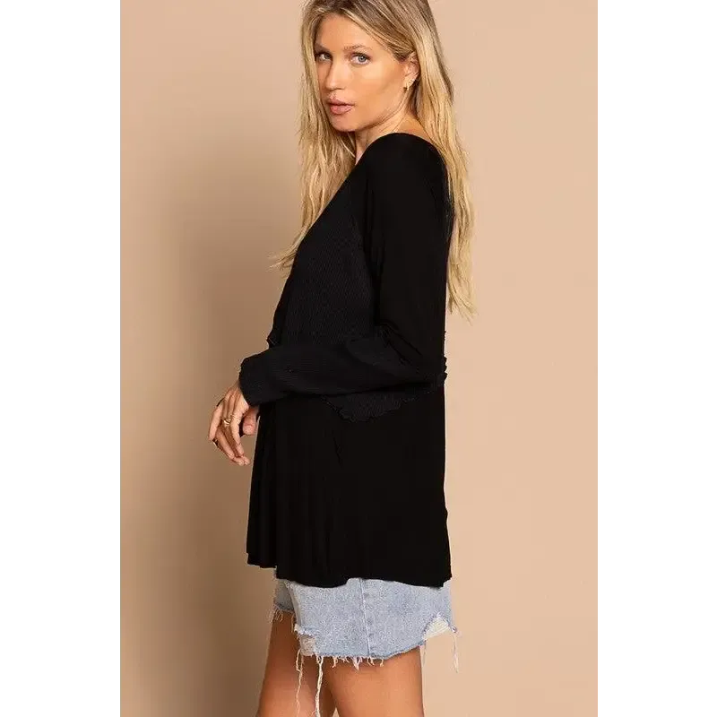 Light Wash Rib Textured Long Sleeve Top