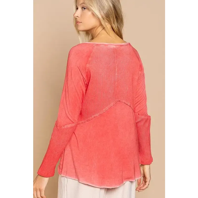 Light Wash Rib Textured Long Sleeve Top
