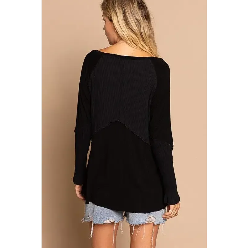 Light Wash Rib Textured Long Sleeve Top