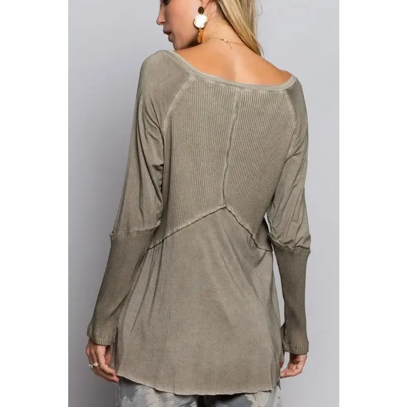 Light Wash Rib Textured Long Sleeve Top