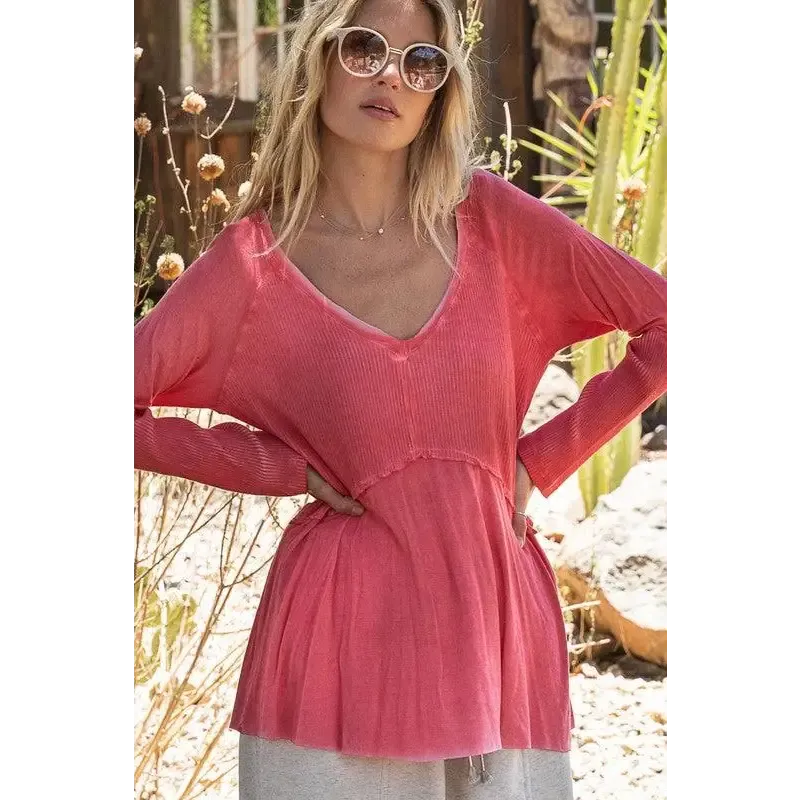 Light Wash Rib Textured Long Sleeve Top