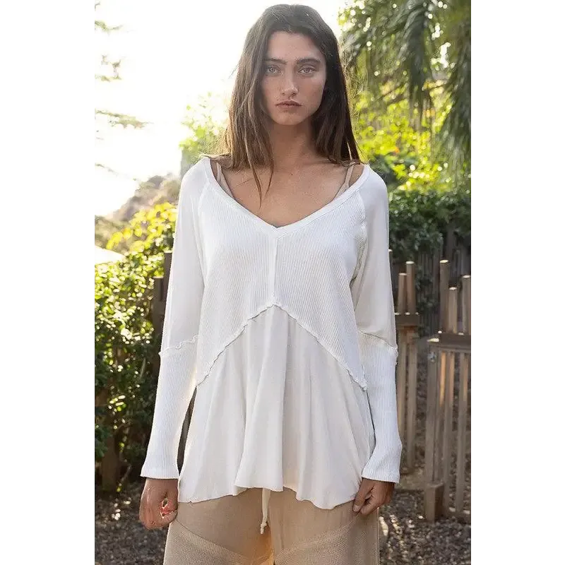 Light Wash Rib Textured Long Sleeve Top