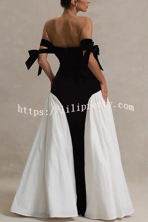 Phantom of The Opera Velvet Contrast Patchwork Bow Sweetheart Neck Maxi Dress