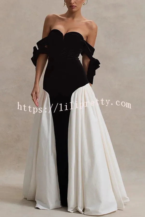 Phantom of The Opera Velvet Contrast Patchwork Bow Sweetheart Neck Maxi Dress