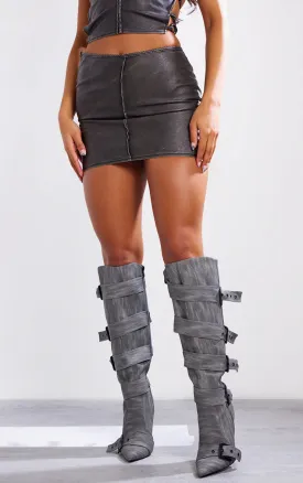 Premium Black Washed Faux Leather Seam Detail Low Rise Micro Mini Skirt